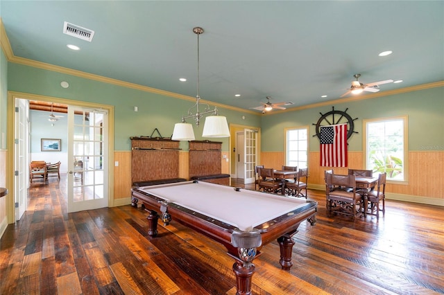 rec room featuring billiards, ceiling fan, dark hardwood / wood-style floors, and french doors