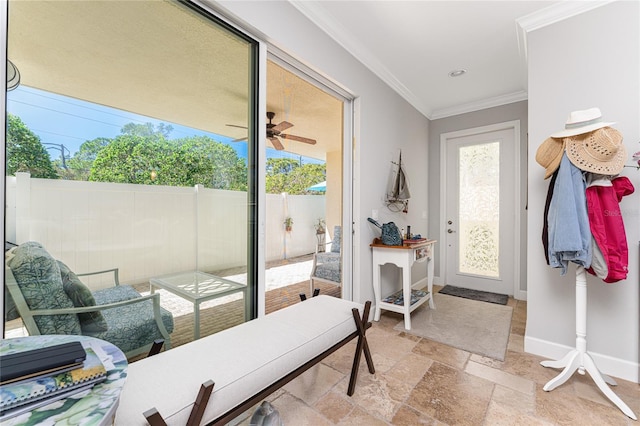 interior space featuring light tile floors, ceiling fan, and ornamental molding