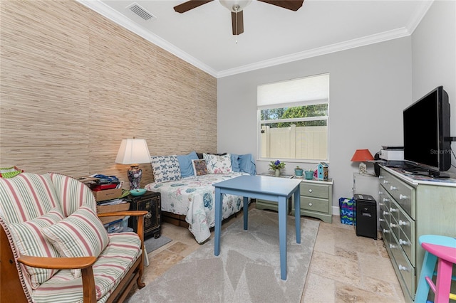 tiled bedroom featuring ceiling fan and ornamental molding