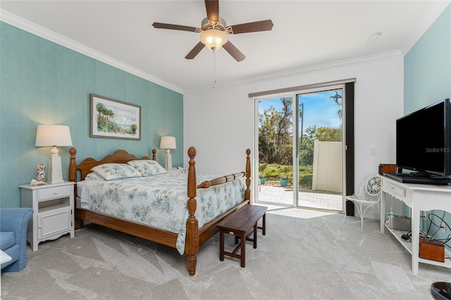 bedroom featuring crown molding, access to exterior, light colored carpet, and multiple windows