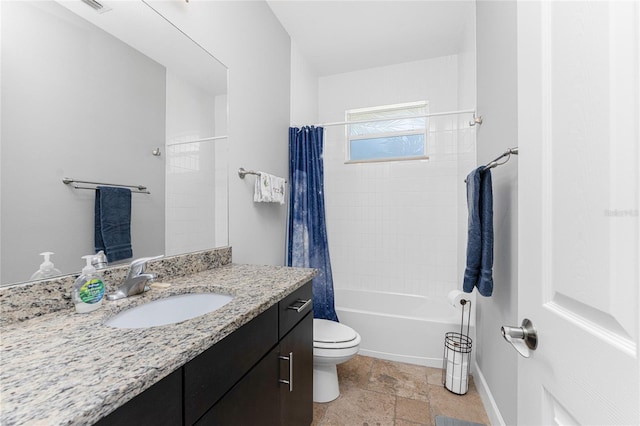 full bathroom featuring shower / bath combo, toilet, vanity, and tile floors