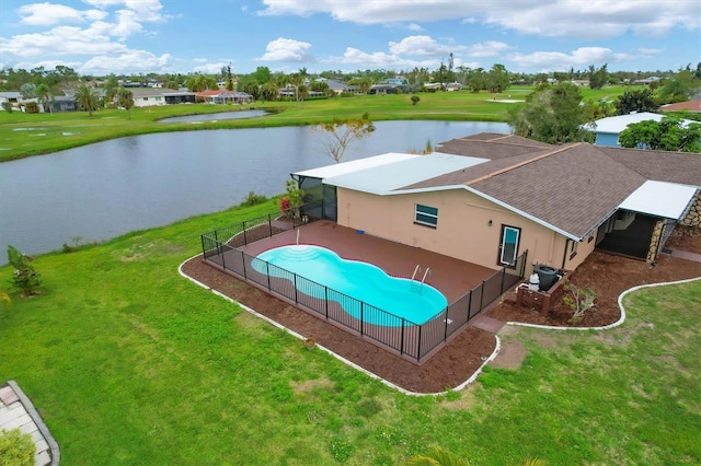 view of pool featuring a fenced in pool, a patio, central air condition unit, a water view, and fence