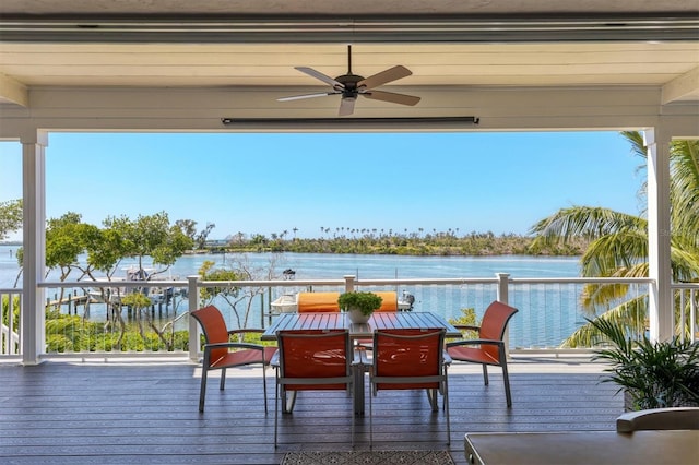 deck with ceiling fan and a water view