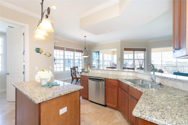 kitchen with sink, light tile floors, hanging light fixtures, stainless steel dishwasher, and a center island with sink