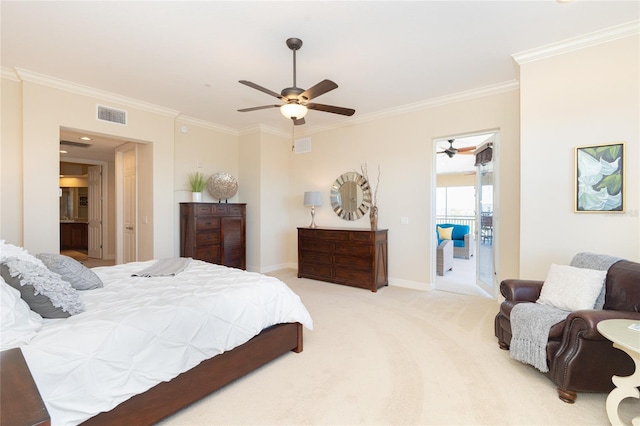 carpeted bedroom featuring crown molding and ceiling fan