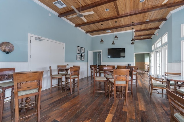 dining space with wooden ceiling, ceiling fan, and a towering ceiling