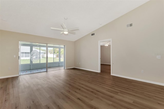 unfurnished room featuring ceiling fan, high vaulted ceiling, and dark wood-type flooring