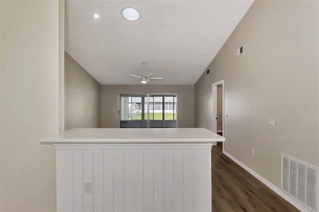 kitchen with dark hardwood / wood-style flooring, ceiling fan, and lofted ceiling