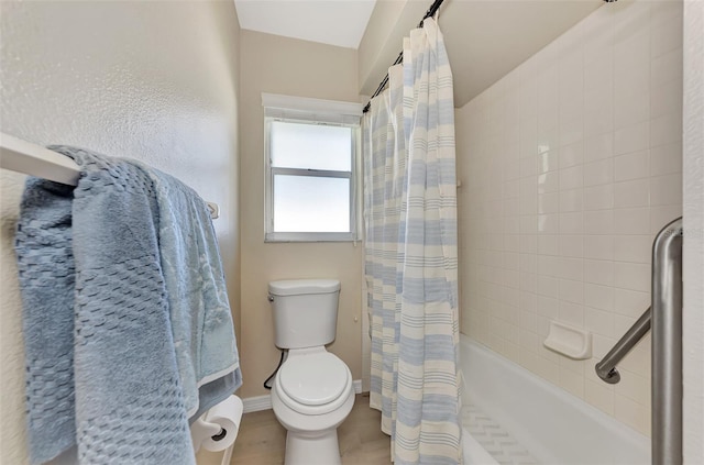 bathroom featuring toilet, shower / bathtub combination with curtain, and wood-type flooring