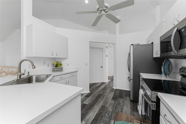 kitchen featuring white cabinets, dark hardwood / wood-style floors, vaulted ceiling, and appliances with stainless steel finishes