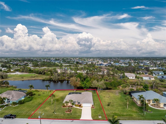 drone / aerial view featuring a water view