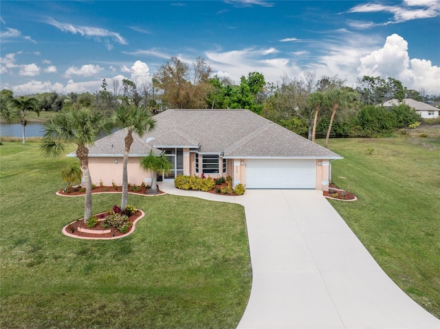 ranch-style house featuring a garage and a front yard