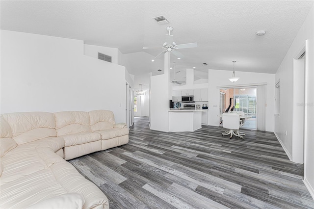 living room featuring dark hardwood / wood-style floors, a textured ceiling, and vaulted ceiling