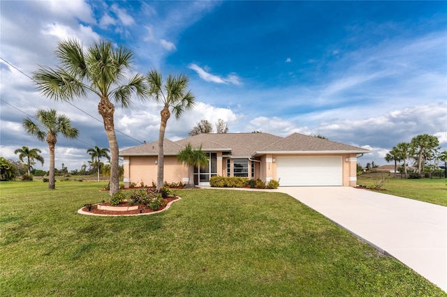 ranch-style house featuring a garage and a front lawn