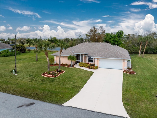 ranch-style house with a front yard and a garage