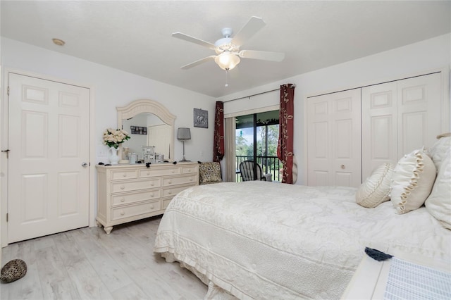 bedroom with access to exterior, ceiling fan, a closet, and light hardwood / wood-style floors