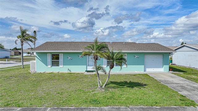 single story home with a front yard and a garage