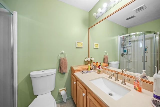 bathroom featuring an enclosed shower, toilet, vanity, and tile floors