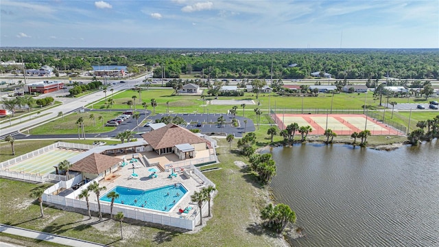 drone / aerial view with a water view