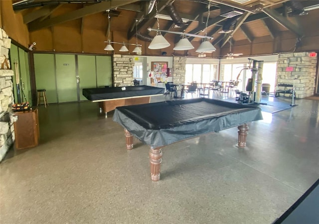 game room with billiards and high vaulted ceiling