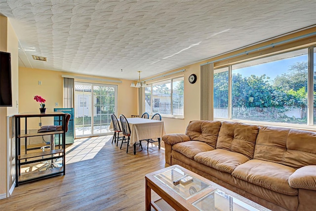 living room with a wealth of natural light, a textured ceiling, and light hardwood / wood-style floors