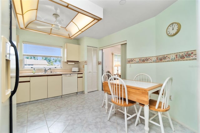 dining room with ceiling fan and sink