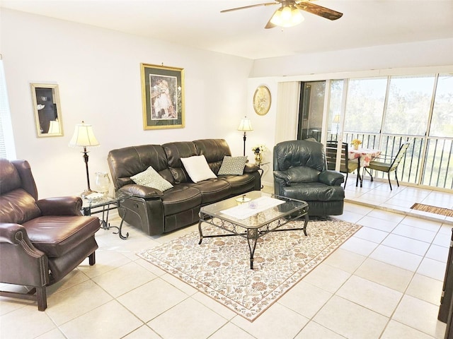 tiled living room with ceiling fan