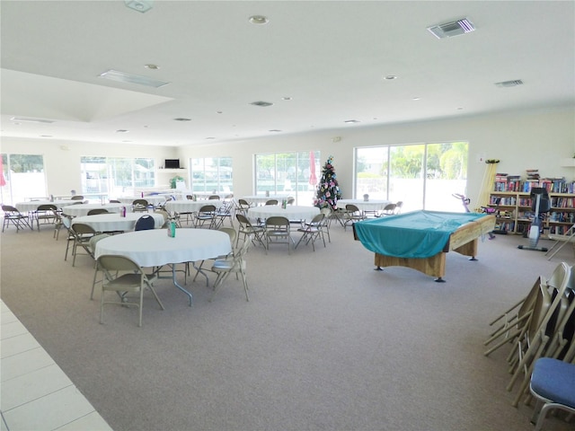 recreation room featuring carpet, a wealth of natural light, and pool table