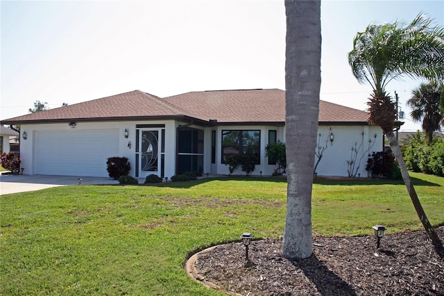 ranch-style house featuring a garage and a front lawn