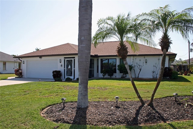 ranch-style house with a front yard and a garage