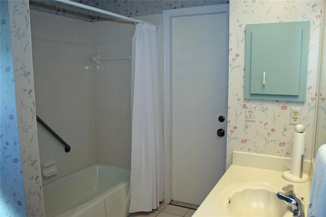 bathroom with tile patterned flooring, shower / tub combo, and vanity