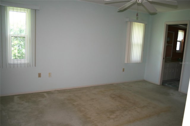 empty room featuring carpet flooring and ceiling fan