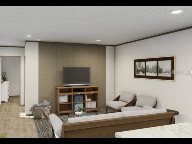 living room featuring a textured ceiling and light hardwood / wood-style flooring