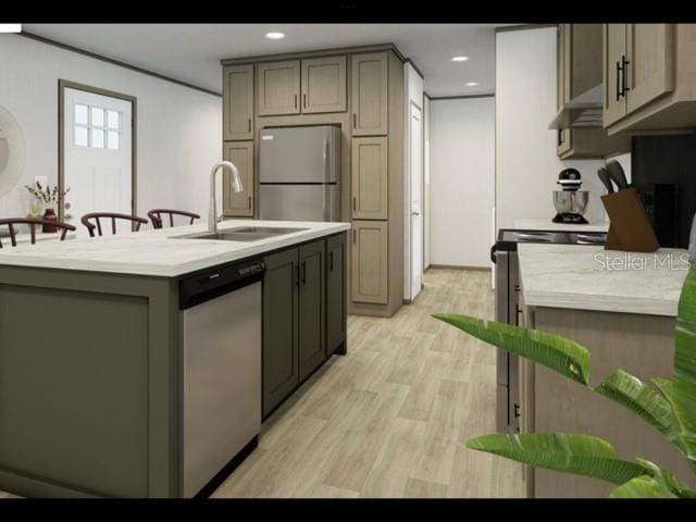 kitchen with sink, gray cabinetry, light hardwood / wood-style floors, stainless steel appliances, and wall chimney exhaust hood