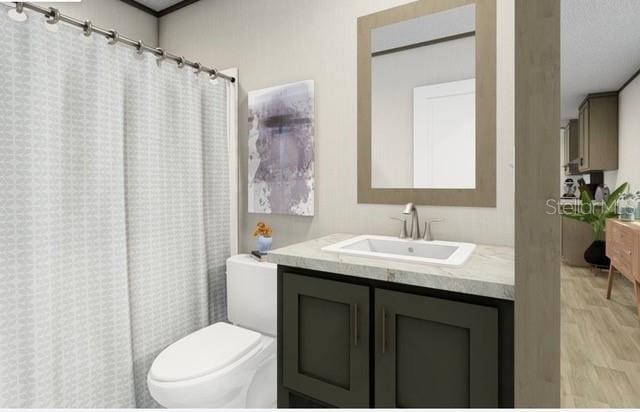 bathroom with toilet, vanity, and hardwood / wood-style flooring