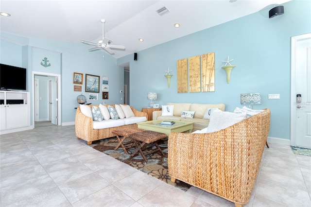 living room featuring high vaulted ceiling, light tile patterned floors, and ceiling fan