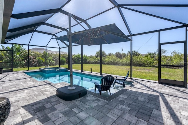 view of swimming pool with a lawn, an in ground hot tub, glass enclosure, and a patio