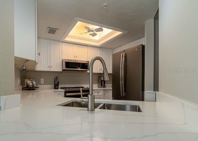 kitchen featuring sink, light stone counters, white cabinets, stainless steel appliances, and a tray ceiling