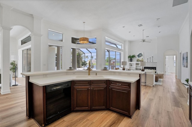 kitchen featuring light hardwood / wood-style floors, ceiling fan with notable chandelier, dark brown cabinets, and dishwasher