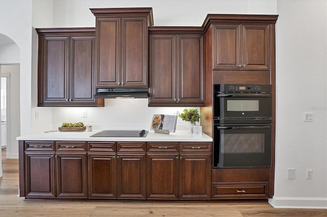 kitchen with light hardwood / wood-style flooring, dark brown cabinetry, and black appliances