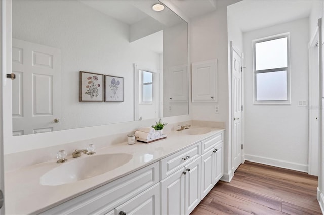 bathroom featuring a healthy amount of sunlight, double sink, large vanity, and wood-type flooring