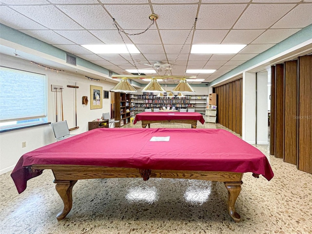 recreation room with billiards and a drop ceiling