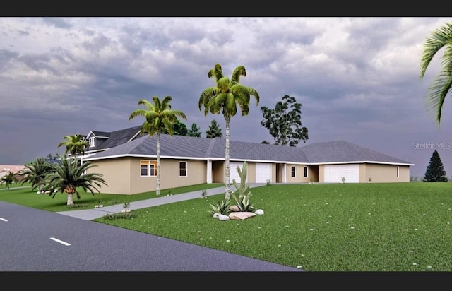 single story home featuring a garage, a front lawn, and stucco siding