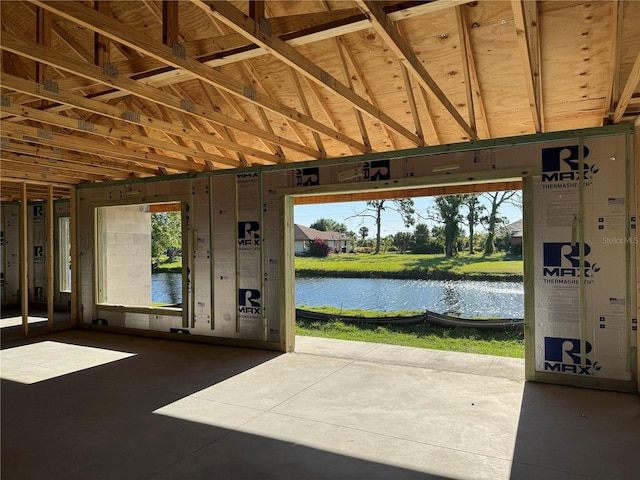 interior space with a water view