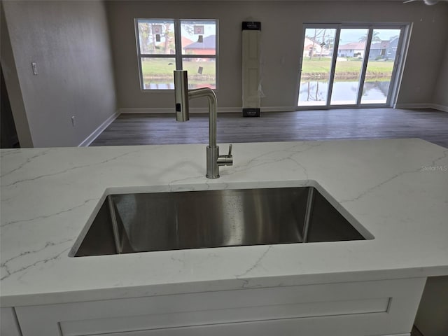 details featuring baseboards, white cabinets, light stone counters, wood finished floors, and a sink