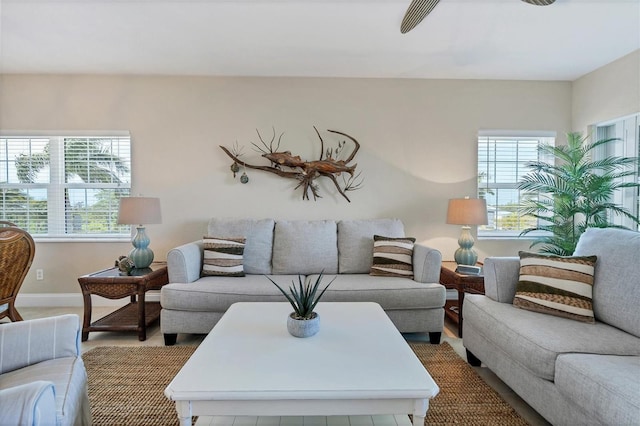 living room featuring ceiling fan