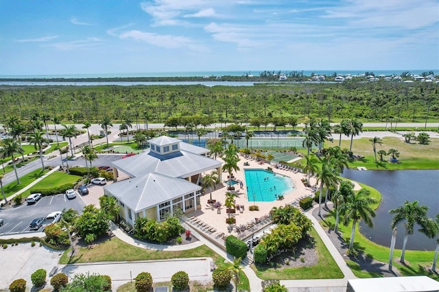 aerial view featuring a water view