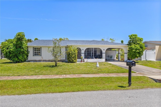 single story home with an attached carport, driveway, and a front lawn