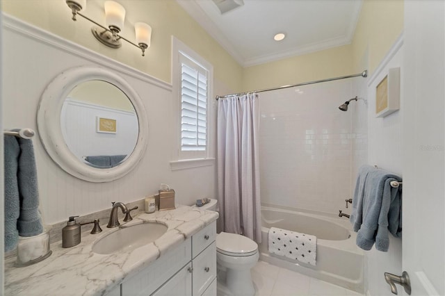 full bathroom with toilet, shower / bathtub combination with curtain, vanity, crown molding, and tile flooring