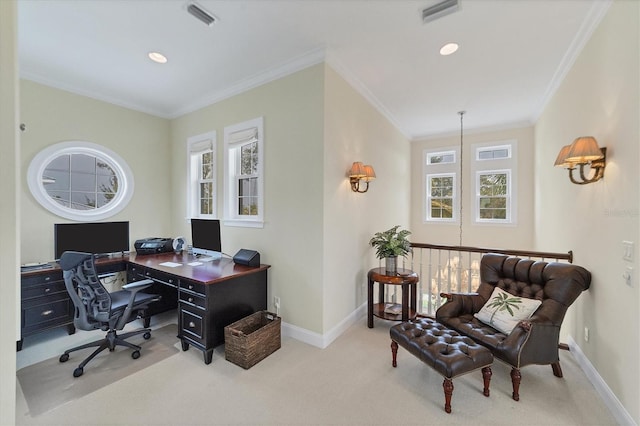 office featuring crown molding and light colored carpet